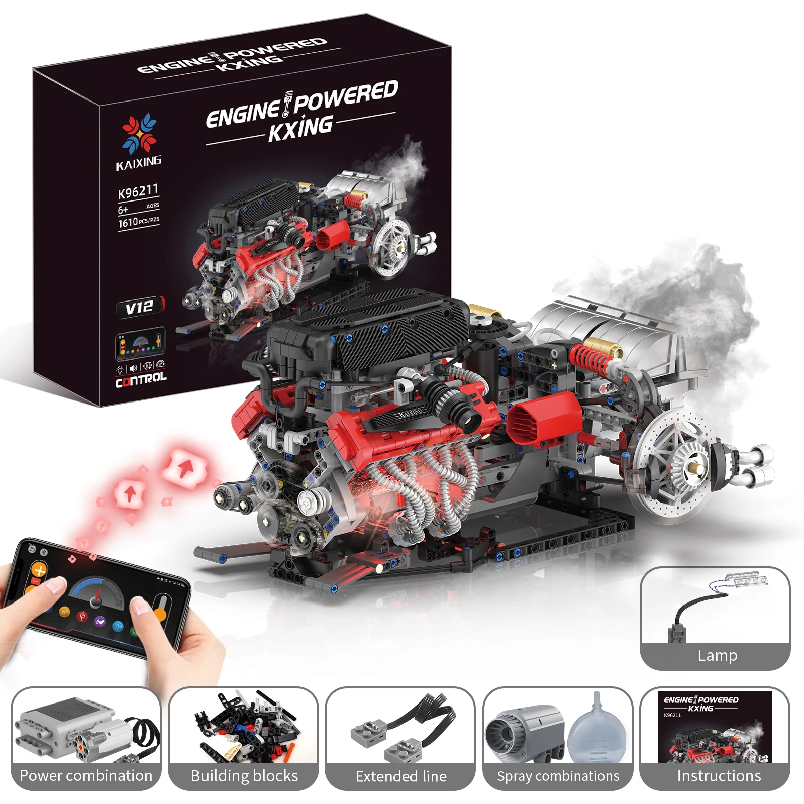 

1610pcs Simulated V12 Supercar Engine Building Blocks Model with Lighting App Programmable Creative Educational Toy Gifts K96211