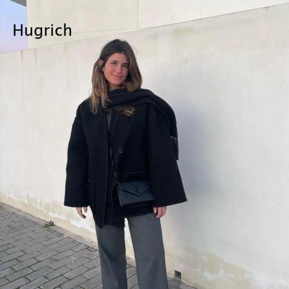 Herbst-Winter Loser Kurzer Mantel für Damen, Übergroßer Wollmischmantel mit Reverskragen, Genähtem Besatz, Seitentaschen und Einzelknopfverschluss
