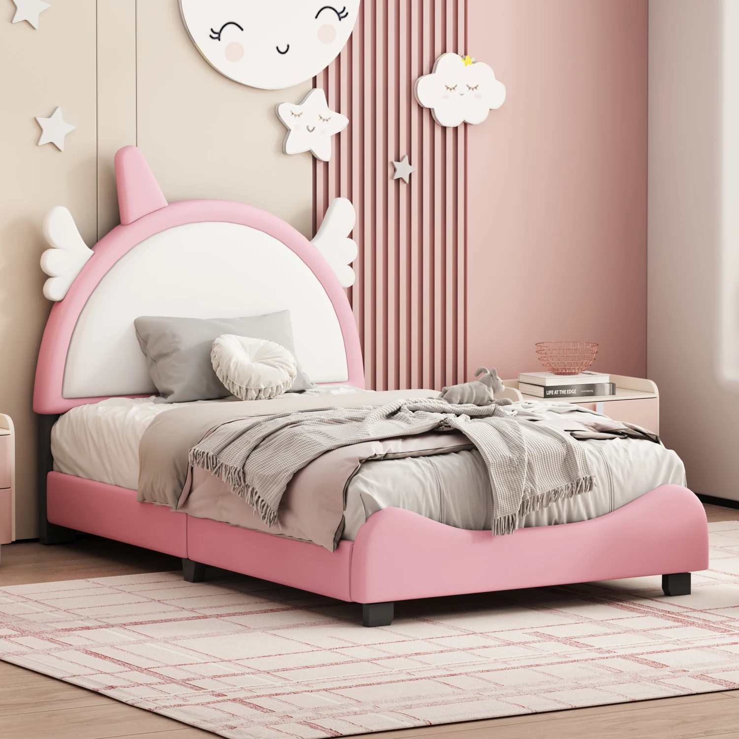 

Unicorn Headboard Twin Size Upholstered Bed, White+Pink Platform Bed