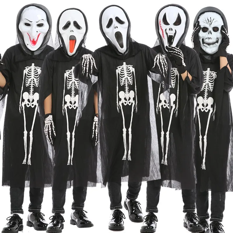 

Halloween Costume Children Cosplay Scary Skull Ghost Clothes Masquerade Skeleton Clothes Set With Mask 90-140CM One Size Fit All