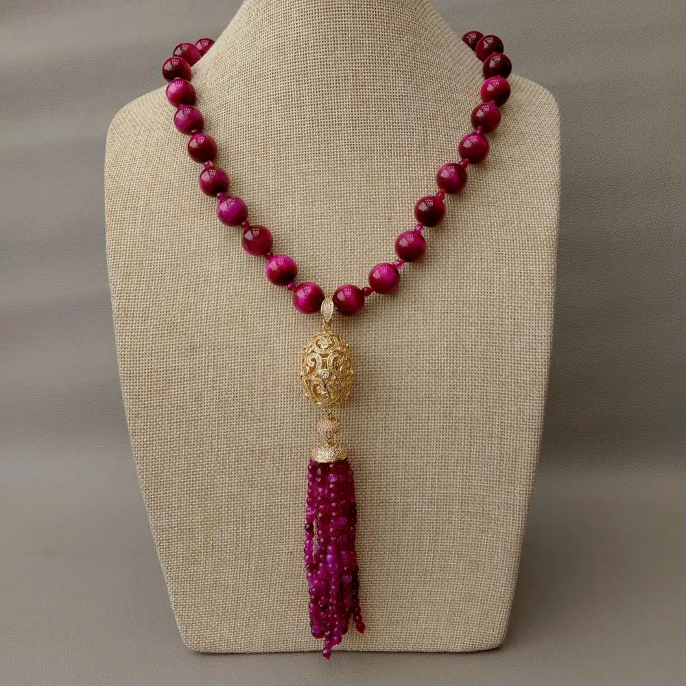 

22"14mm Fuchsia Tiger Eye round beads Necklace Fuchsia stone Cubic Zirconia micro pave egg gold color plated Pendant for women