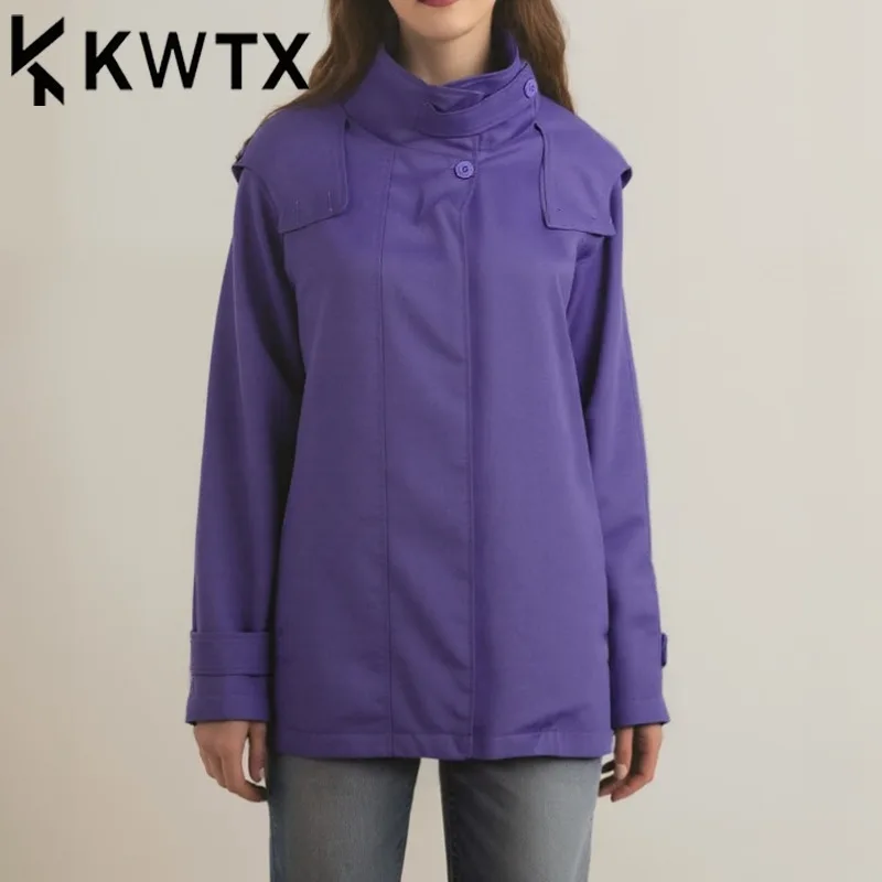 

KWTX Women’s Purple Biker Jacket Stand Collar Hooded Button Cuffs Minimalist Premium Designer Premium SS25