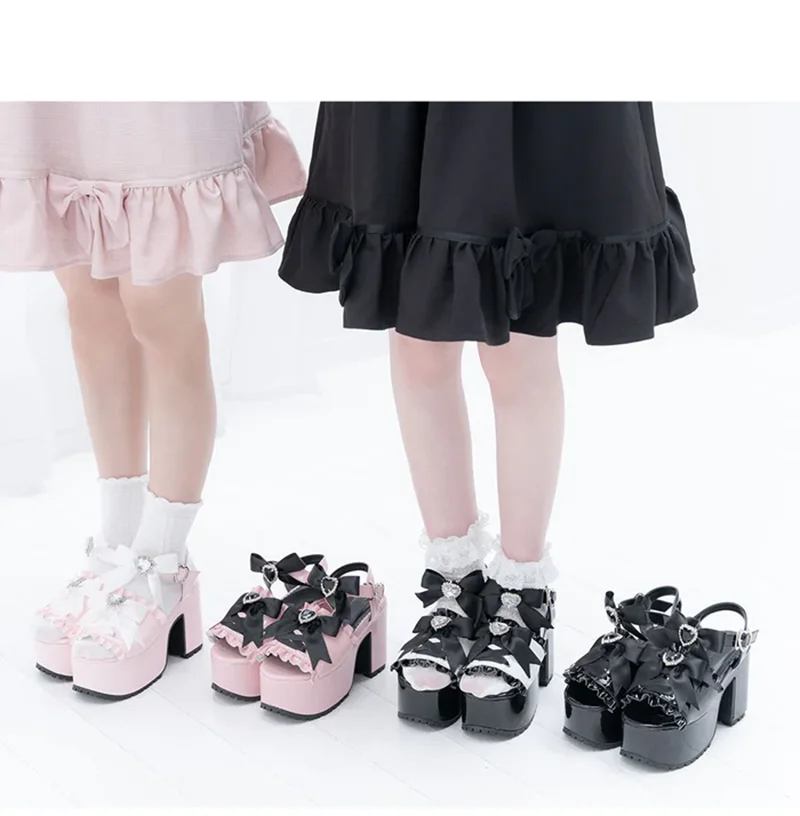 Japanese Ins Trendy Sweet Bow Chunky Heel Ladies Elegant Waterproof Platform Lolita Mine Women\'s Fish Mouth Sandals High Heels