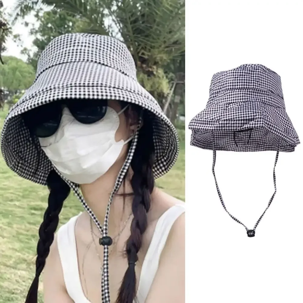 

New Summer Plaid Sun Hats Korean Style Casual Drawstring Bucket Hats Foldable Large Brim Fisherman Hat Outdoor