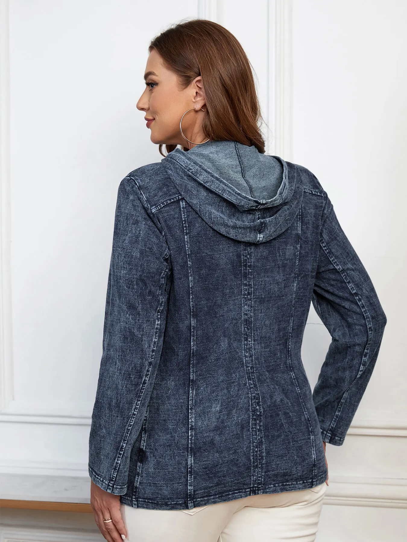 LIH HUA-chaqueta vaquera con capucha para mujer, chaqueta informal de manga larga de punto de algodón elástico, talla grande, otoño