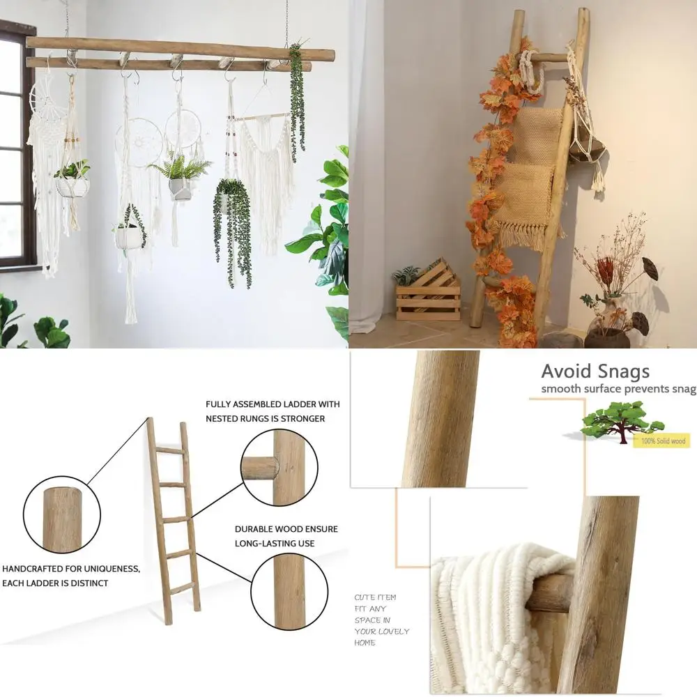 57 Escalera de manta de madera ensamblada: exhibición rústica de colcha de pared estilo granja y toallero para sala de estar y baño, marrón