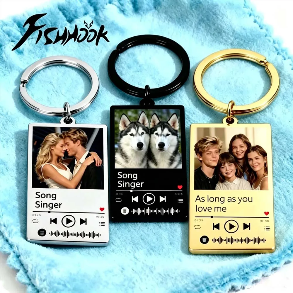 Music Song Couple Print Photo Name Keychain Personalized Custom Gift For Women Men Family Stainless Steel Memorial Key Ring