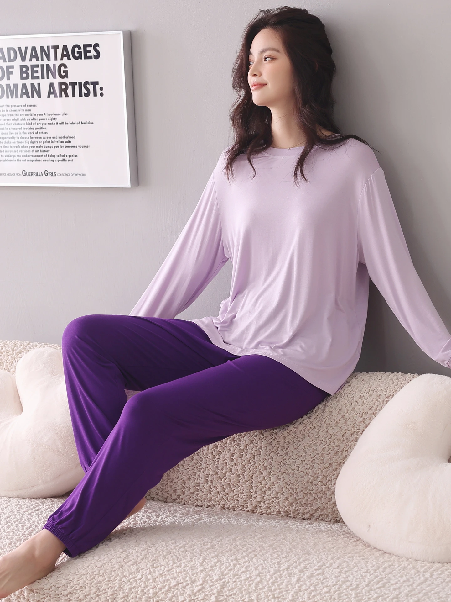 Spring Summer 2026 Modal Sleepwear Women's Thin round Neck Long Sleeve Set Casual Loose Leg Home Clothes Comfortable Soft
