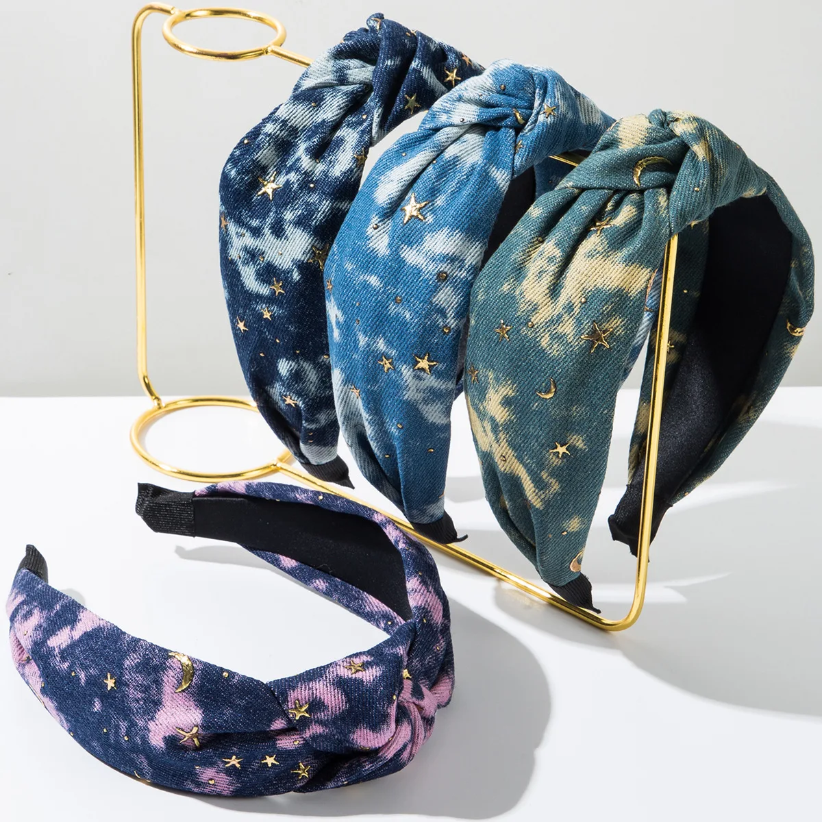 

Trendy Tie-Dyed Denim Fabric Headband for Women Wide-Brimmed Knotted Hairband Versatile Hair Accessories with Gold Star and Moon