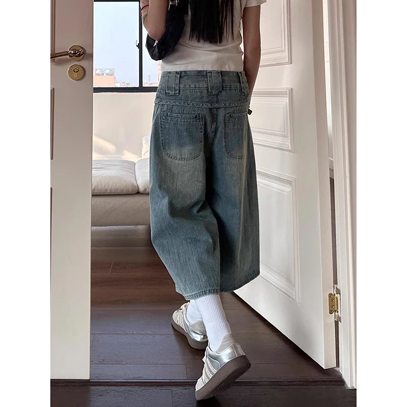 Vaqueros Cargo azules Vintage Y2k de los años 90 para mujer, pantalones cortos holgados de gran tamaño Harajuku, ropa de calle, Capris Retro americano