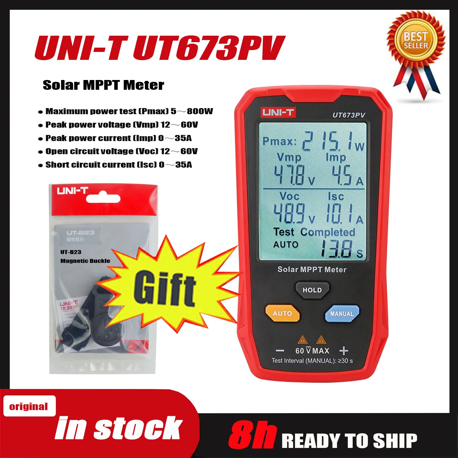 Uni-t Solar Mppt Meter Módulo Fotovoltaico Max Power Tester Lcd Equipado com Mc4 Test Lead em Estoque Ut673pv