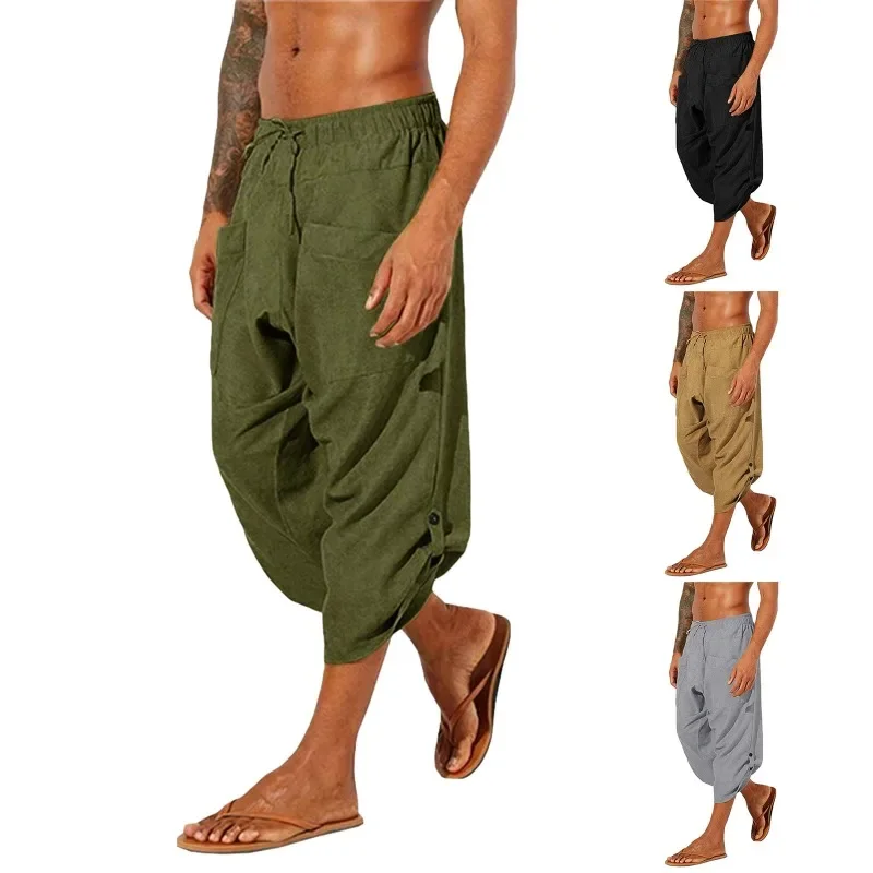 Baggy Beach Harem Pants Cotton Yoga Capri Trouser Loose Drawstring Sweatpants Pockets Boho Men's Aladdin Vikings Pirate Costume