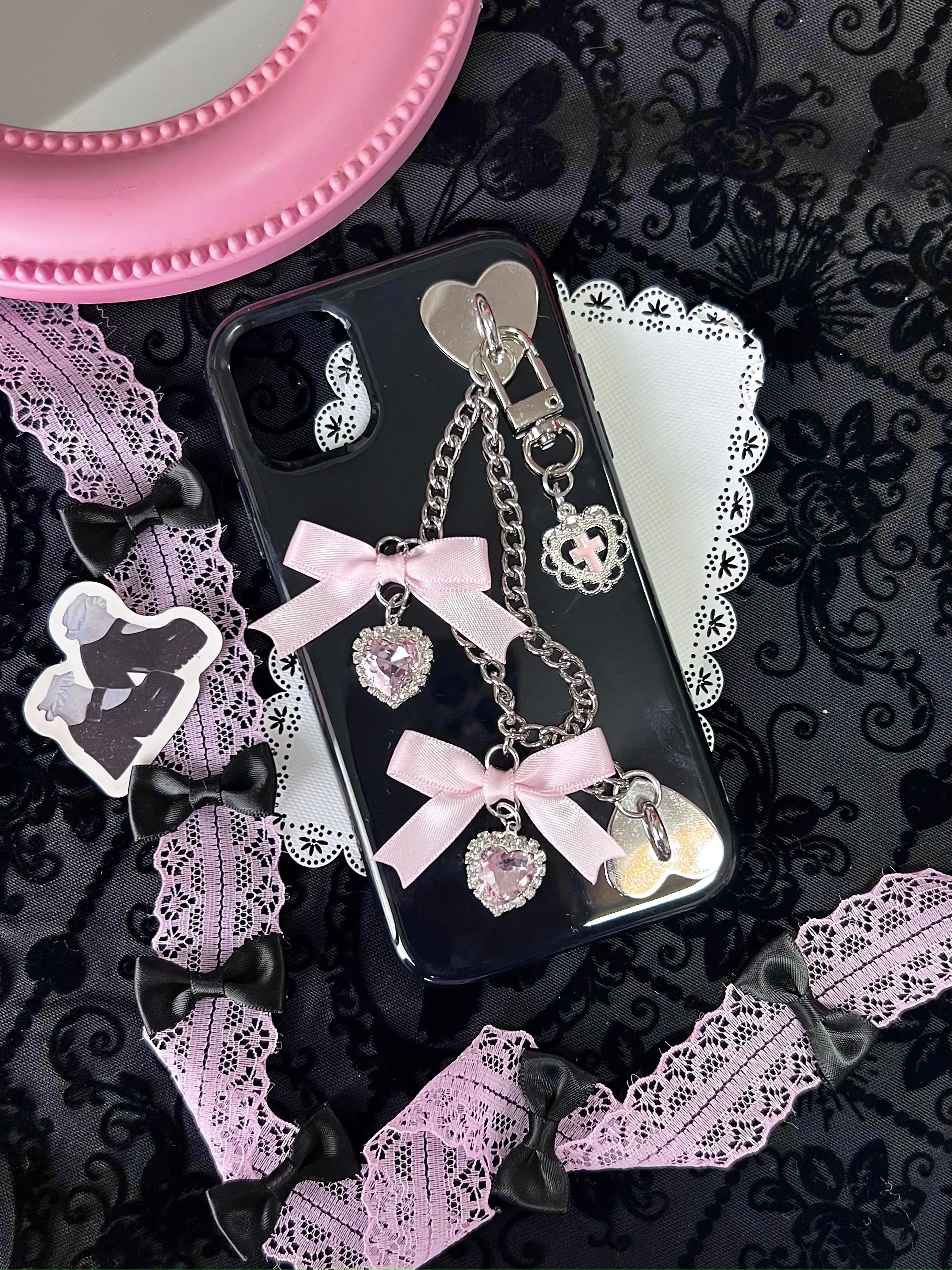 Japanese Mine Iphone15 Chain Punk Cool Phone Case Female Girls Apple 14promax Bow Rhinestone Bow Rhinestone Mobile Phone Case