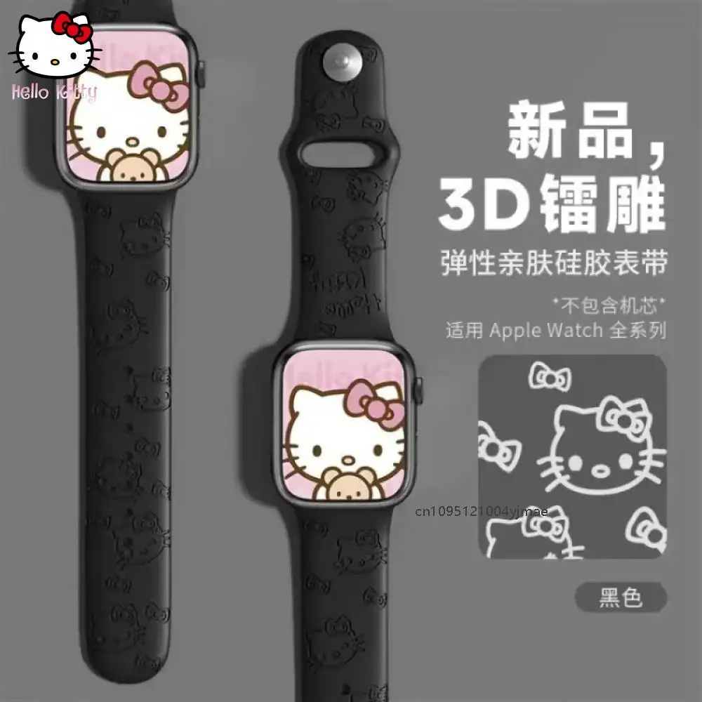 Tali Sanrio Hello Kitty untuk Apple Watch Band 45Mm 44Mm 42Mm 41Mm 38Mm 49Mm 40Mm Gelang Terukir Silikon Iwatch Kartun Lucu