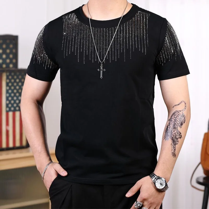 Men's T-shirt Full Diamond Summer New Style High Quality Cotton Short Sleeved Tees Trendy Round Neck Slim Luxury Male Clothing