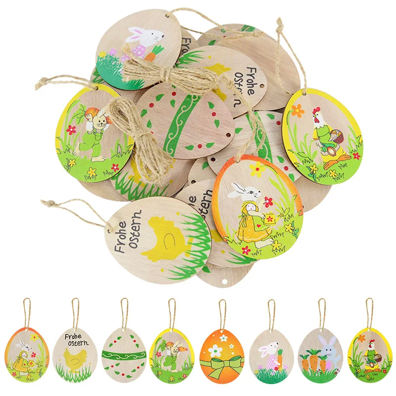 

10pcs Egg Shape Wood Chips DIY Easter Egg Wooden Pendants Hanging Decoration Happy Easter Party Supplies Kids Handmade Ornament