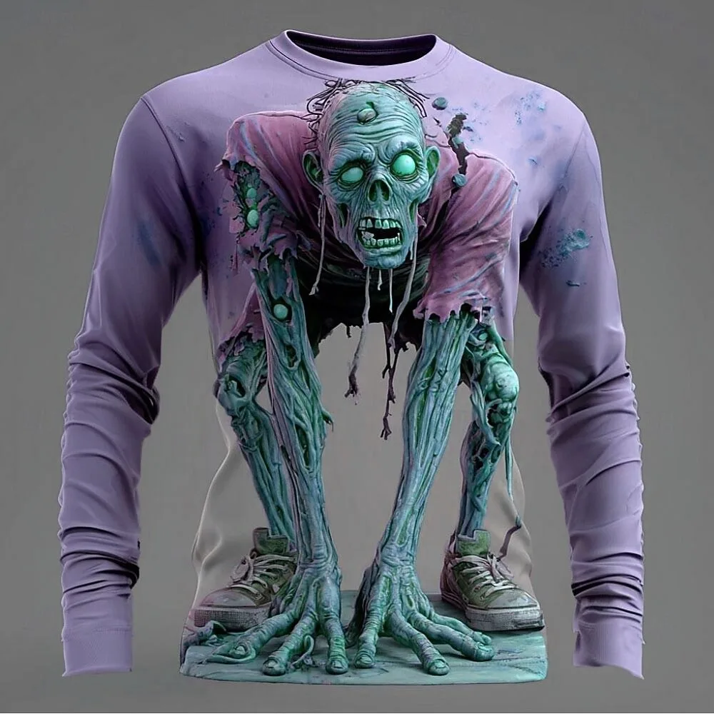 Halloween Zombies 3D printed men's long sleeved T-shirt round neck shirt exaggerated designer horror party casual men's clothing