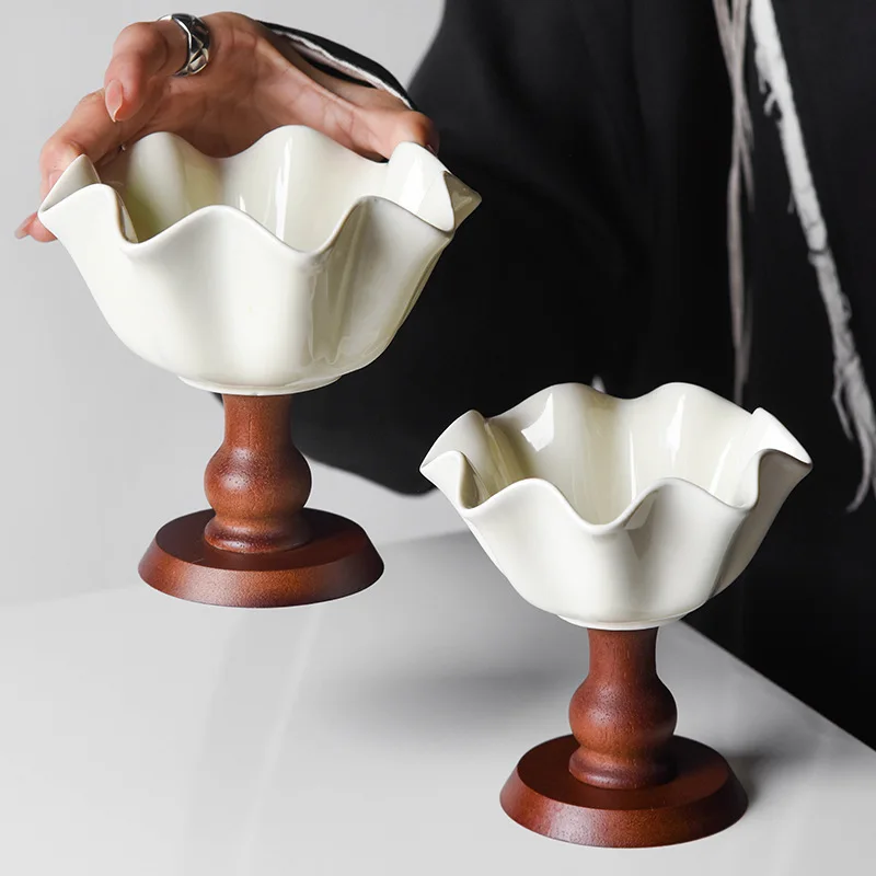 High-looking American Retro Tall Ceramic Cake Cup Ice Cream Cup French Elegant Wooden Dessert Pudding Cup Bowl