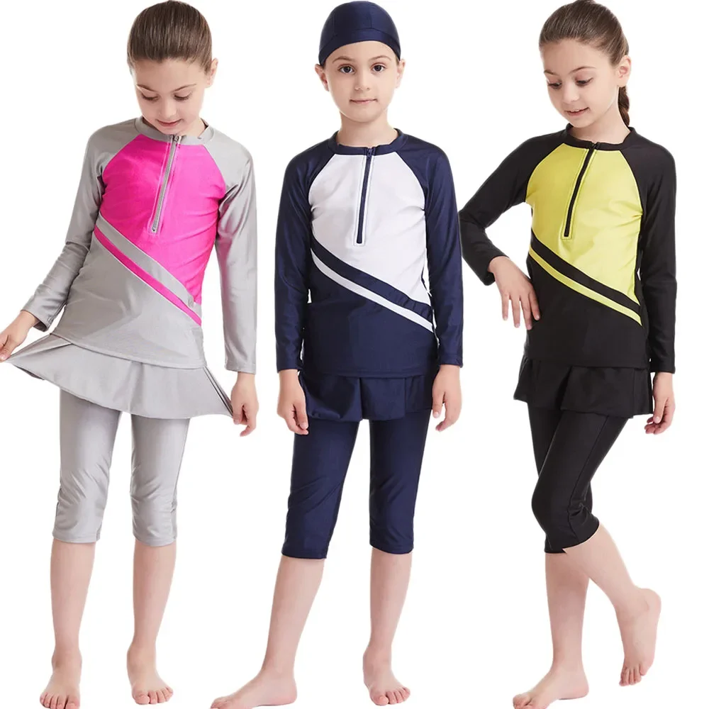 

3pcs Kids Muslim Girls Swimwear Tops+Skirt Style Shorts+Caps Suit Modest Swimsuit Swimming Shorts Diving Arab Islamic Beachwear