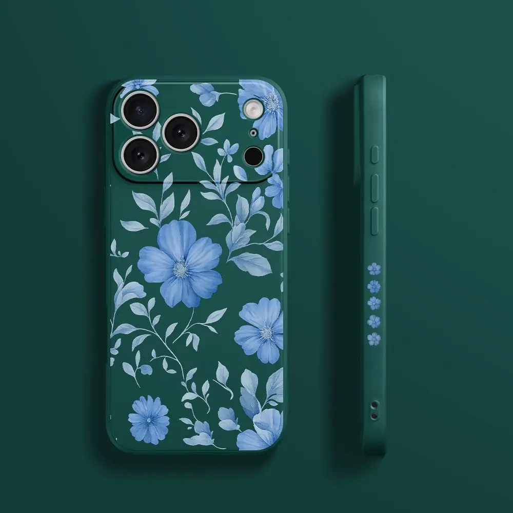 Чехол из ТПУ с синим цветком и зеленым фоном для iPhone 17 ProMax 17 Air 16 15 14 13 12 11 Pro Max XS Max7 8 Plus 16e 16 Plus