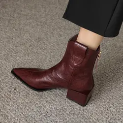 FHC New Mid Heels Short Boots,Women's Autumn Booties,Ankle Botas,Pointed Toe,Back Zip,British Style,Black,Brown,Dropship