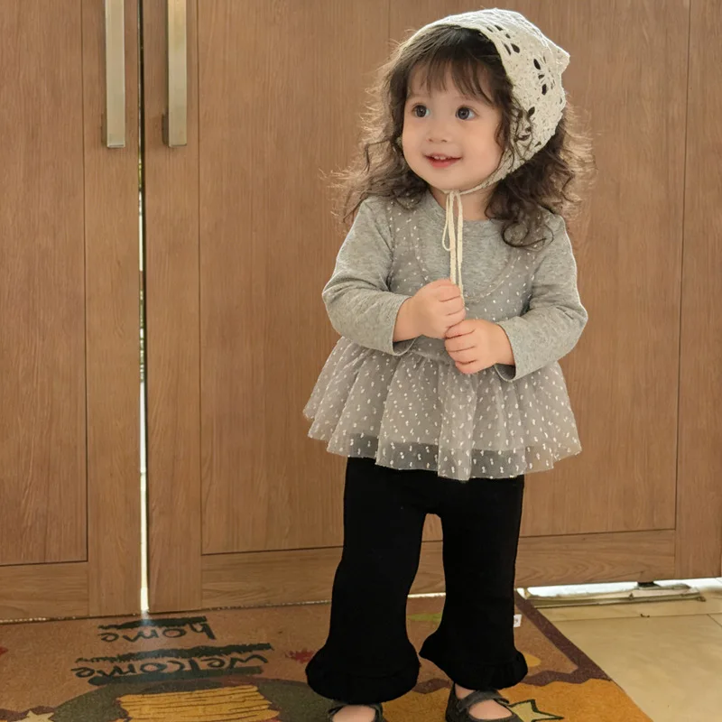 

2026Early Spring Korean Style Outfit: Stylish Spring Two-Piece Set for Girls with Mesh and Color Block Long SleevesTT-shirt and