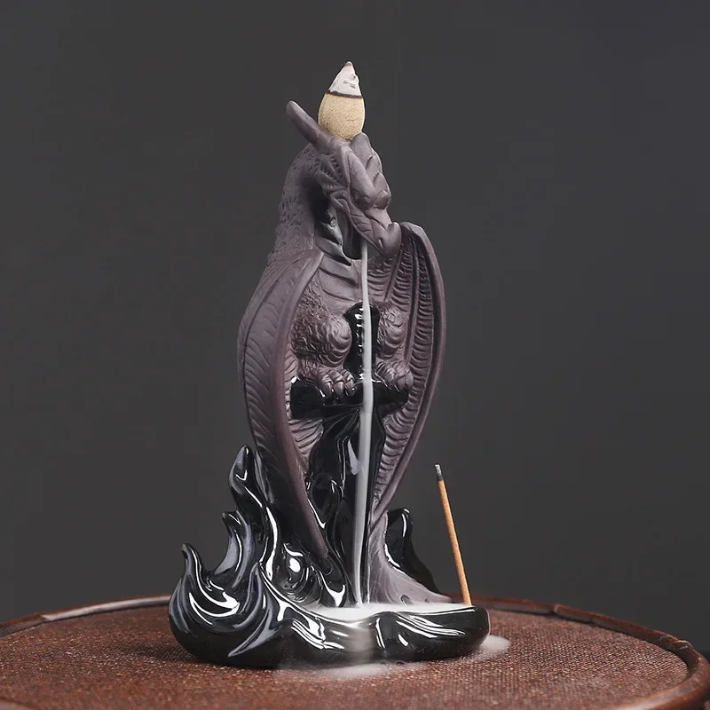 

Dragon Backflow Incense Burner Handmade Ceramic Pterosaur Incense Stick Holder Home Fragrance Decor Purple Clay Censer