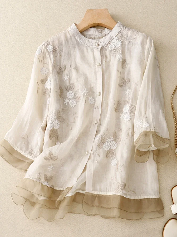 Women\'s Cotton Linen Floral Blouses, Loose Top, Short Sleeve, Embroidery, Chinese Style, Summer, New 2024 Korean