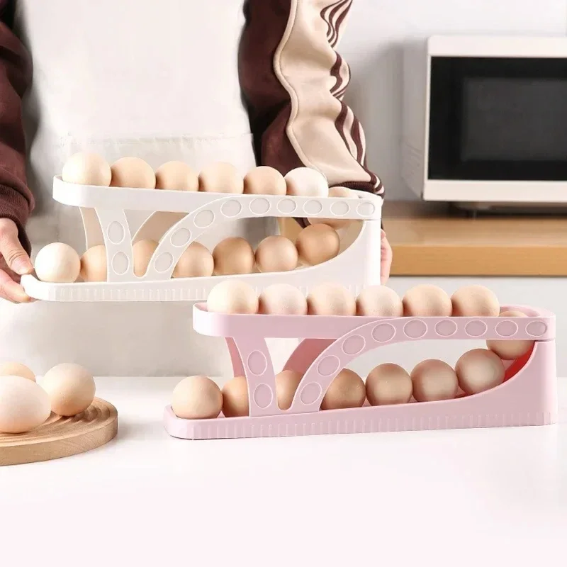 Automatic Scrolling Egg Rack Holder Storage Box Egg Basket Container For Kitchen Organizer Rolldown Refrigerator Egg Dispenser