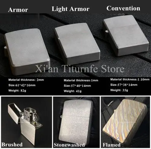 Titanium TC4 Oil / Butane Lighter Sleeve Case Heavy Armor / Light Armor / Convention Shell Brushed Stonewashed Flamed Finishing