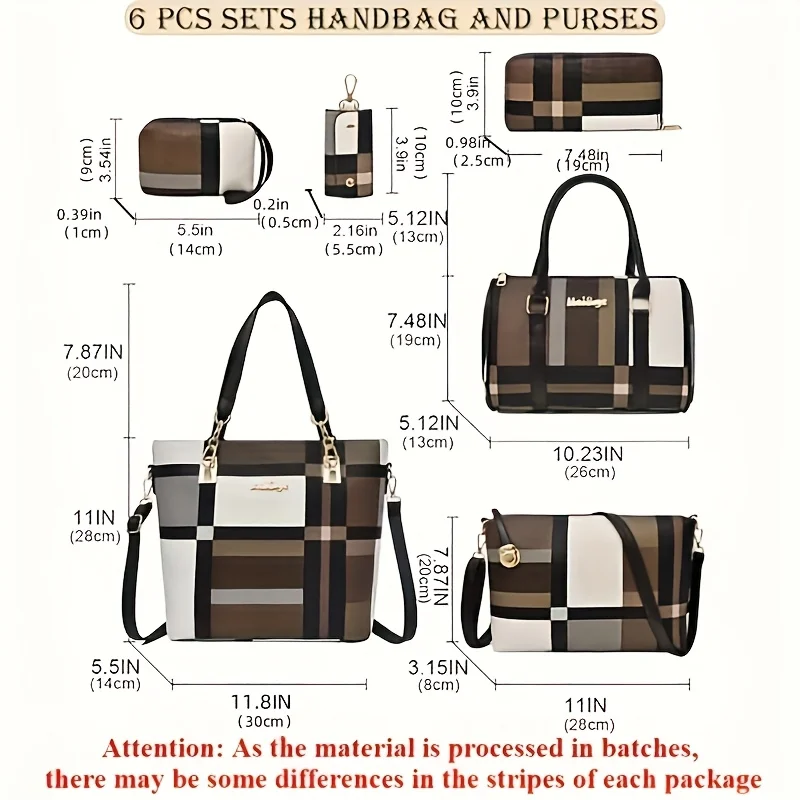 Fashion Plaid 6Pcs Ladies Handbag Set PU Leather Tote Shoulder Bag Wallet Coin Purse Multi-piece Daily Handbags view 3