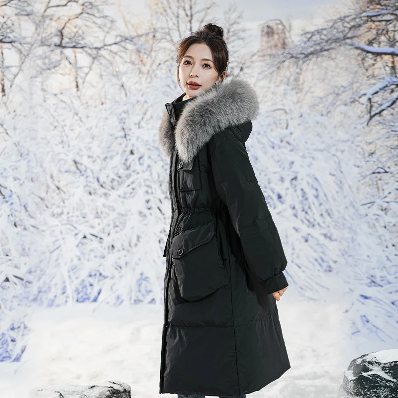 Pregnant Woman White Duck Down Jackets Hooded Warm Fur Fox Collar Oversize Winter Long Coats Clothes Loose Parkas Green Clothing