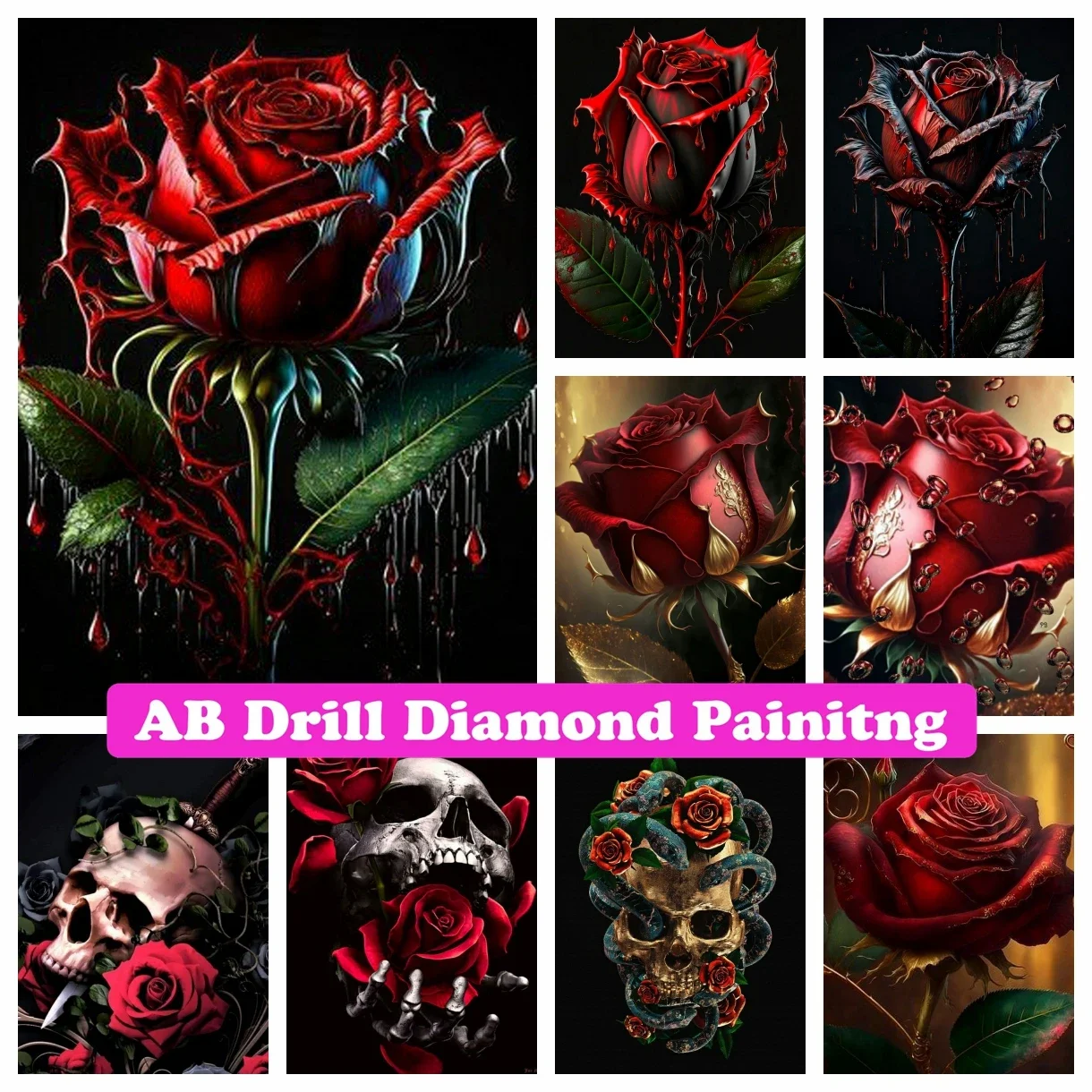 

Gothic Blood Rose 5D DIY AB Drill Diamond Painting Embroidery Fantasy Flowers Art Mosaic Cross Stitch Kits Home Decor Gift