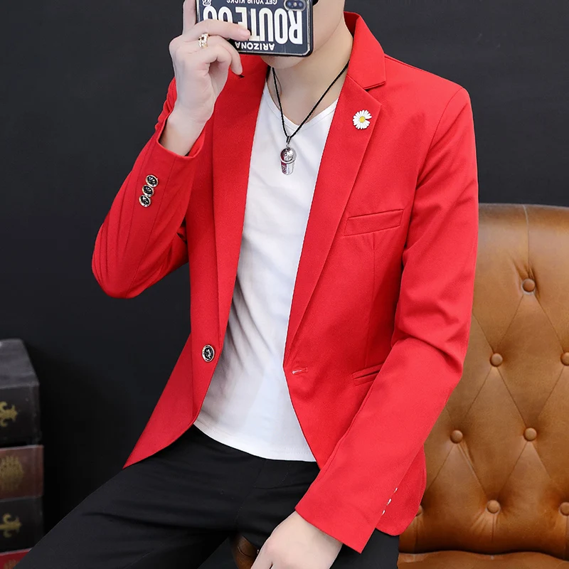 

Spring Autumn Casual Red Men's Suit Slim Fit Faionable Single-Breasted Thin Outerwear Long Sve Stand Sle Urban Faion