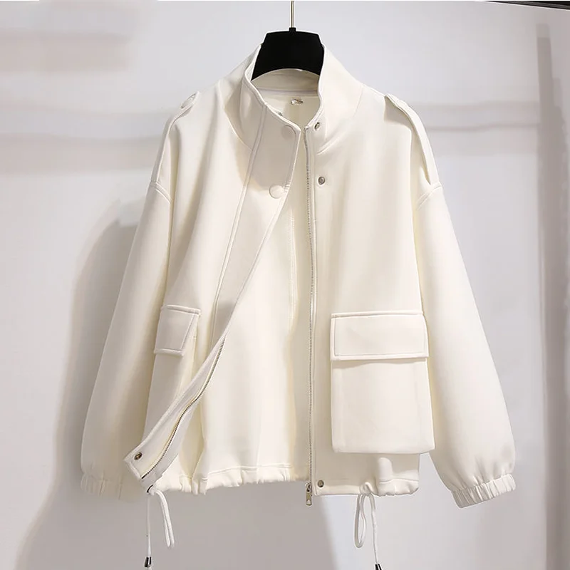 

2023 Fashion Stand Collar White Jackets Women Drawstring Loose Casual Cropped Chaquetas Large Size Pocket Zip Classic Outerwear