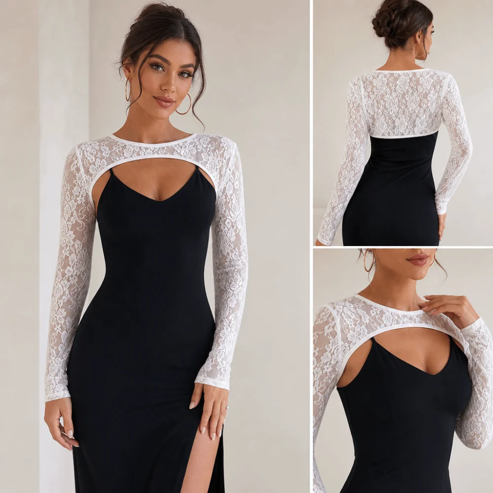 Stylish Solid Color Lace Long Sleeve Tops Elastic Breathable See Through Tops Sun Protection Slim Fit Mesh Cropped Tops