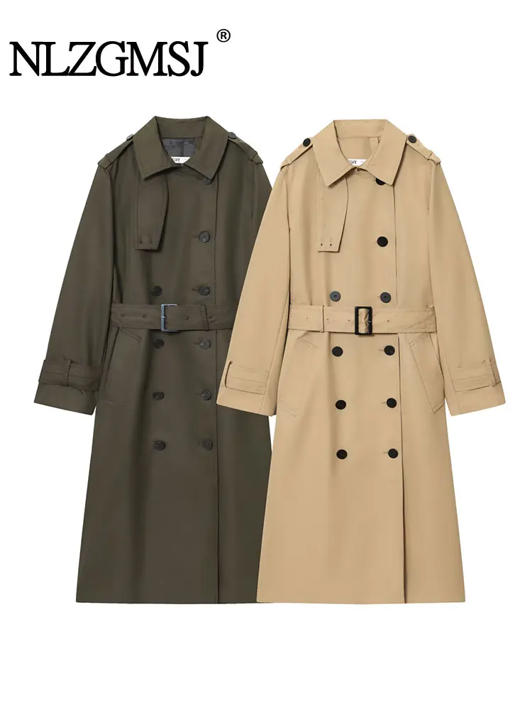 

NLZGMSJ With Belt Women Loose Overcoat 2025 Autumn Trench Coat Long Sleeve Mid Length Jacket Female Outerwear Y2K