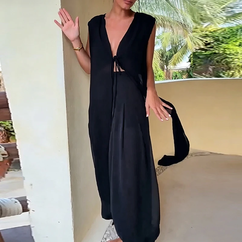 Summer Fashion O-Neck Sleeveless Suit Comfortable Solid Split Tank Top+Leg Tights 2pc Set Casual Irregular Loose Vacation Outfit