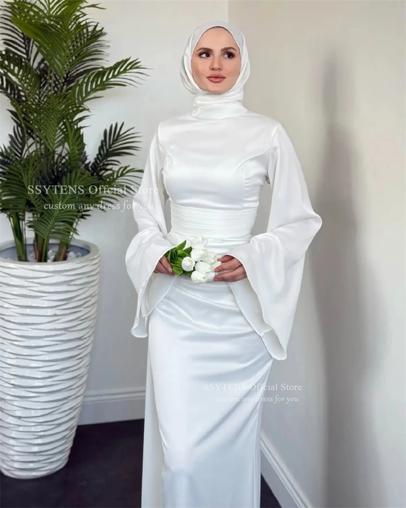 SSYTENS Muslim Mermaid Wedding Dresses Dubai Long Sleeves Bride Gowns Pleat Satin High Neck Elegant Vestidos De Novia Customized