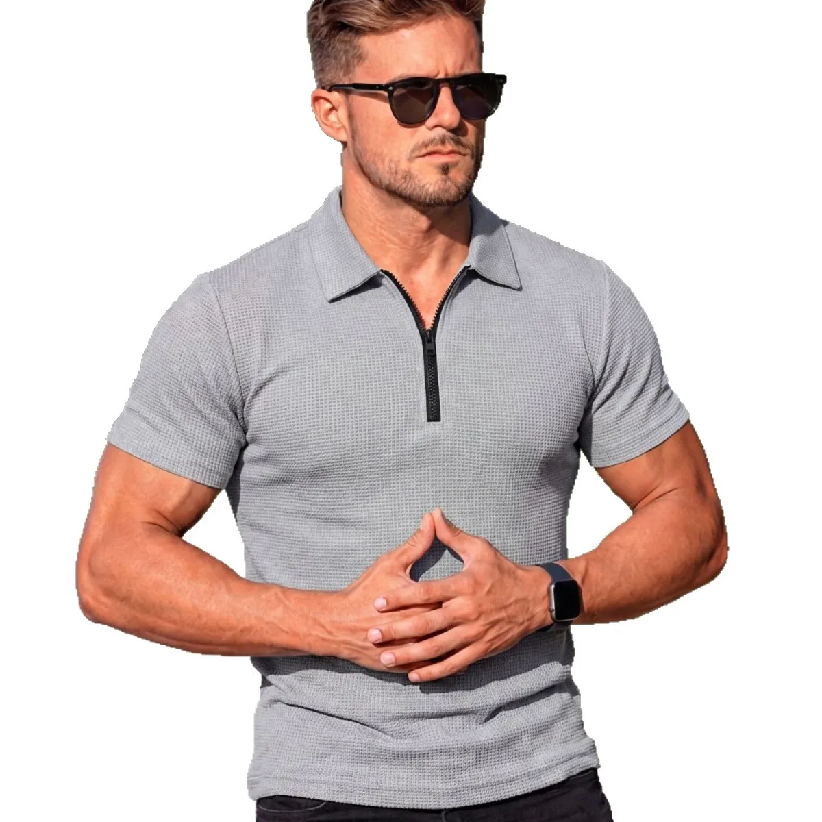 Summer Men's Solid Color Lapel Cargo Short Sleeved Zipper Design Casual Polo Shirt Outdoor Daily Simple Classic Fashion T-shirt