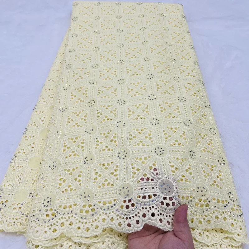 

5-ярдовая однотонная сухая кружевная ткань, тяжелая вышивка бисером, африканская 100% хлопок, швейцарская вуаль, кружево, популярный стиль Дубая 12L262701