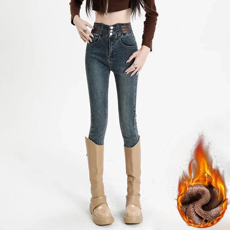 الشتاء الدافئة الجينز المرأة الصوف سميكة تمتد نحيل سروال رصاص عالية الخصر ضئيلة الأزياء الكورية المخملية الجينز أسود أزرق