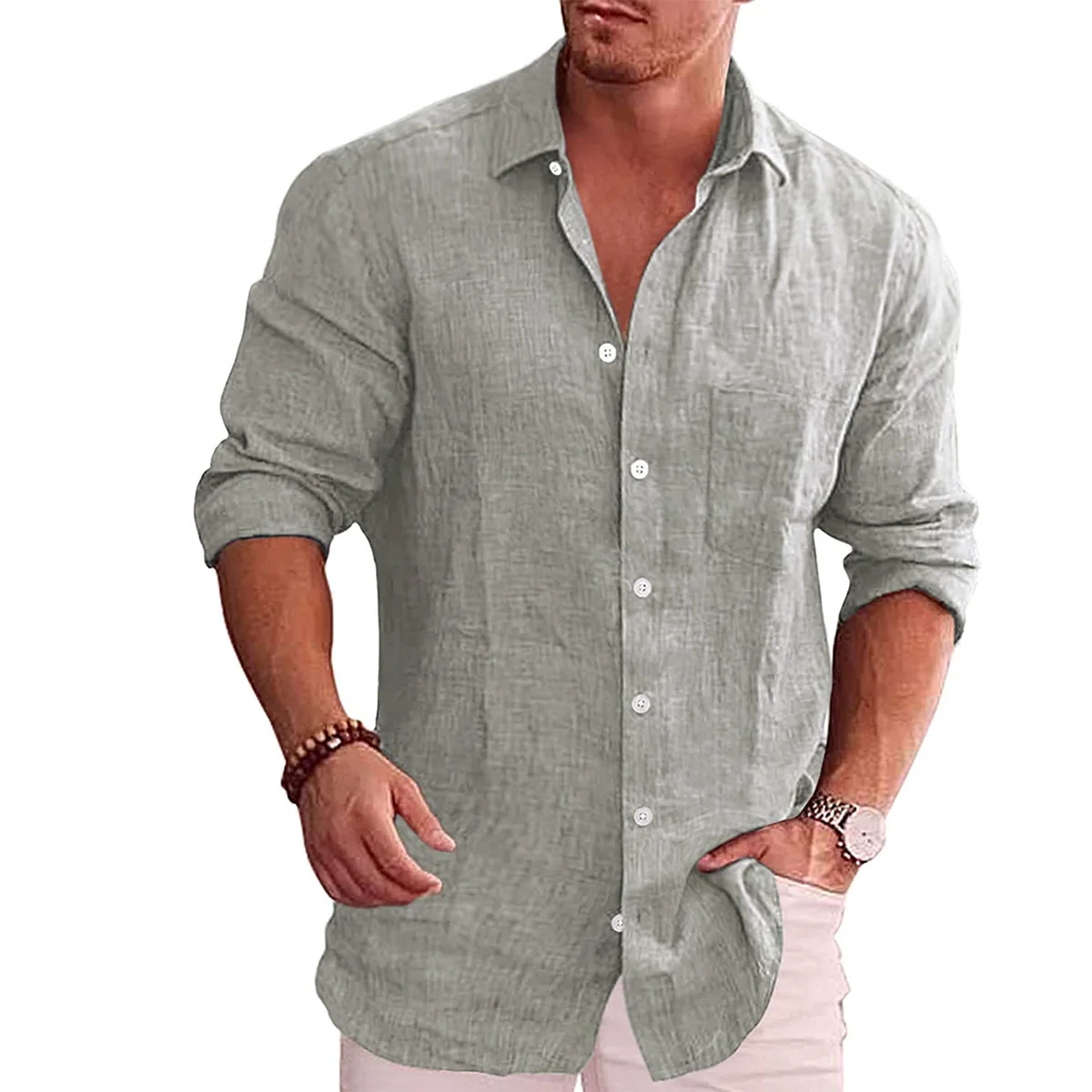 Men's Loose Solid Color Shirt Linen Lapel Long Sleeve Casual