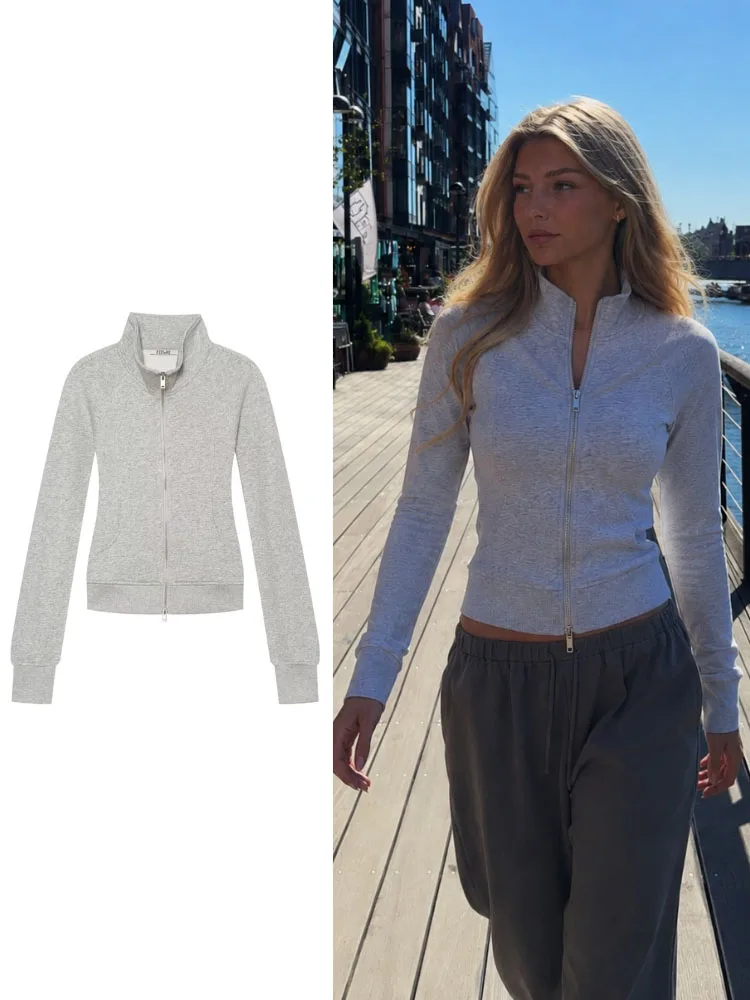 HH Women Spring Autumn Casual Light Gray Stand Collar Full Zip Sweatshirt Long Sleeve Cropped Slim For Work Office Daily Wear