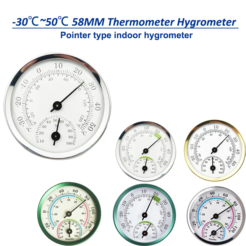 -30℃~50℃ 58mm Thermometer Househeld Round Pointer Type Thermometer Hygrometer Temperature Humidity Detect Gauge Indoor Outdoor