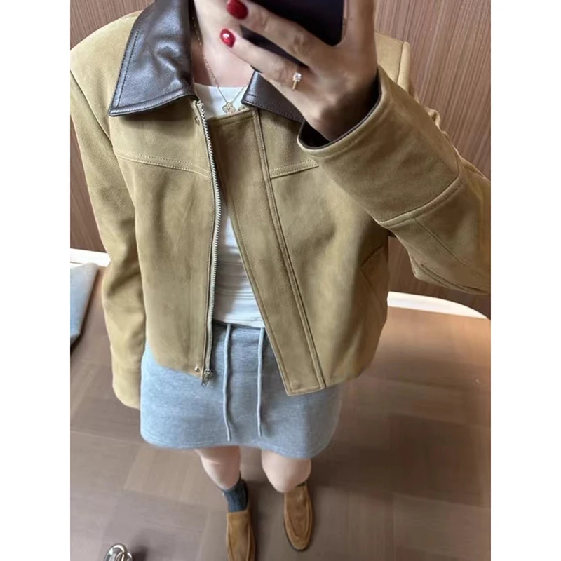 Vintage Women\'s Coat High Quality Sheepskin Contrast Color Stitching Suede Jacket Lapel ZIpper Short Slim Veste En Cuire Femme