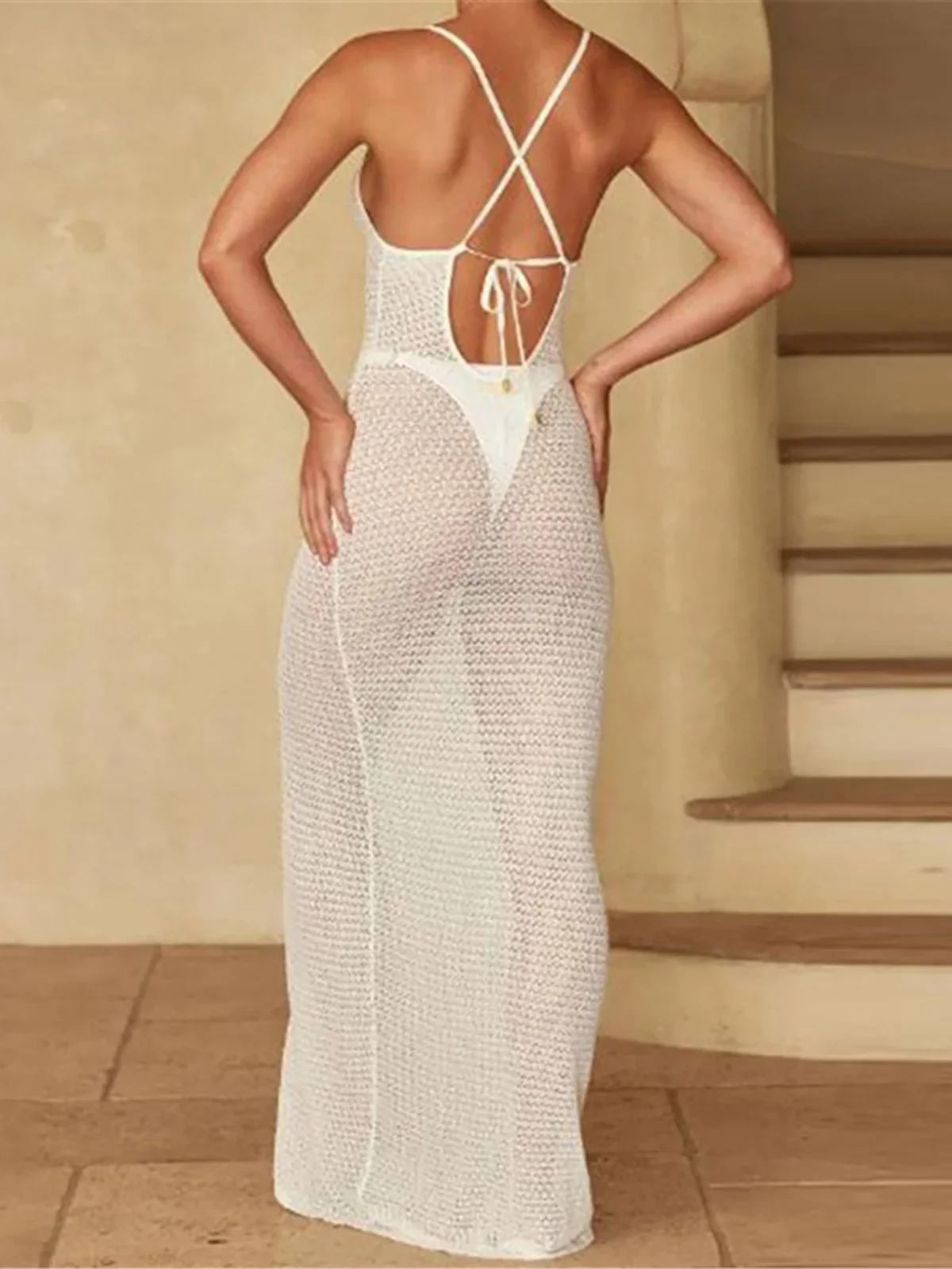 V Neck Cross Back High Cut Crochet Knitted Tunic Beach Cover Up Cover-ups Beach Dress Beach Wear Beachwear Female Women K6258