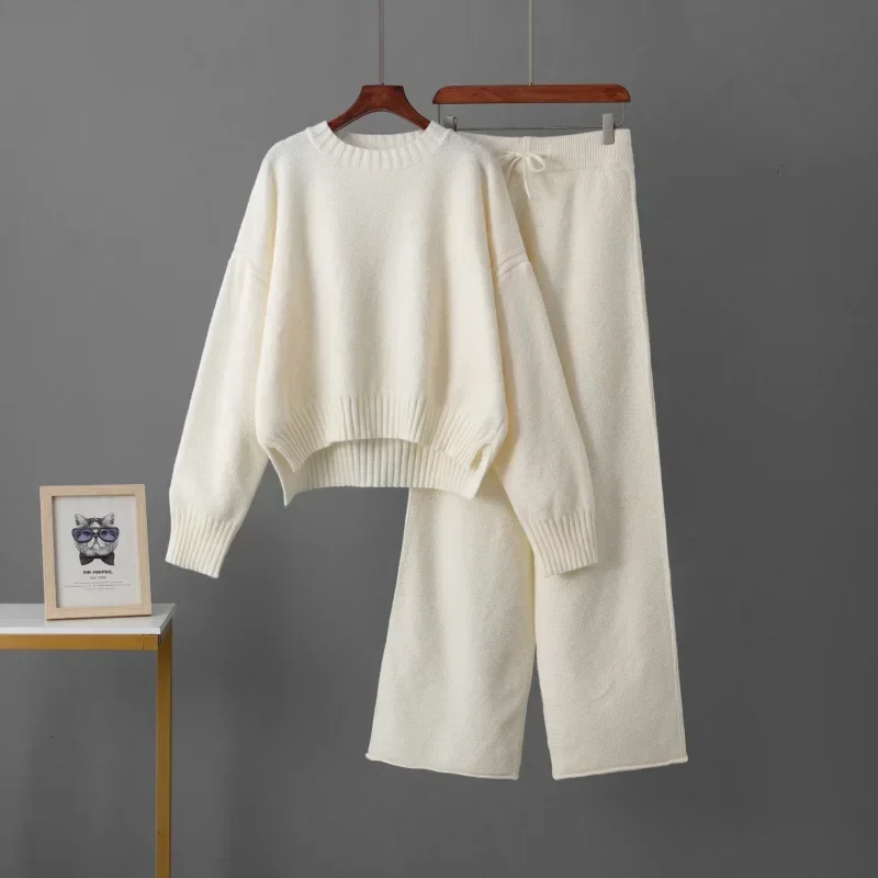 New Autumn Winter Women Split Sweater 2 Piece Pant Sets Solid Color Knitted Sweaters Casual Pants Two Piece Sets Womens Outifits