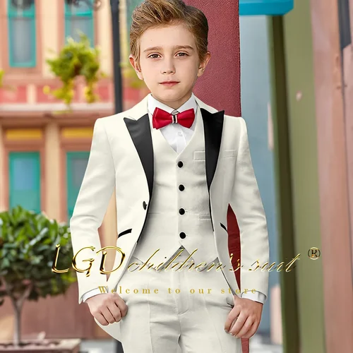 Imagen 2 del producto Traje elegante de esmoquin para niños, chaqueta, pantalones, chaleco blanco, fiesta de boda, regalo de cumpleaños, Blazer personalizado, 3 piezas