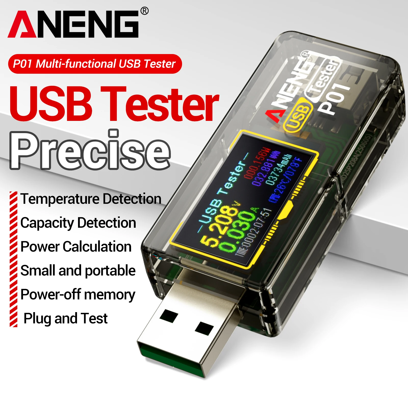 

ANENG P01 USB-измеритель энергии 4В-30В с широким диапазоном, функцией сохранения данных при отключении питания, измерением сопротивления нагрузки, без батареек, портативный инструмент